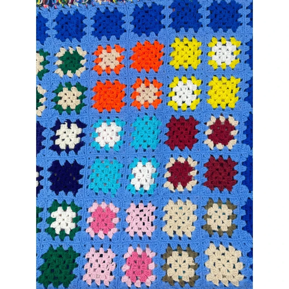 Vintage Granny Square Afghan Blanket Blue Multi Handmade Crochet Motifs Fringe